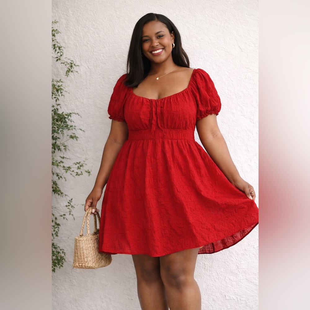 Shein Red Smocked Mini Dress 1XL Stretch Babydoll Crinkle Cottagecore